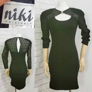 80s 90s Bodycon Dress Sexy Keyhole black eyelash lace Knit Dress Size small mini